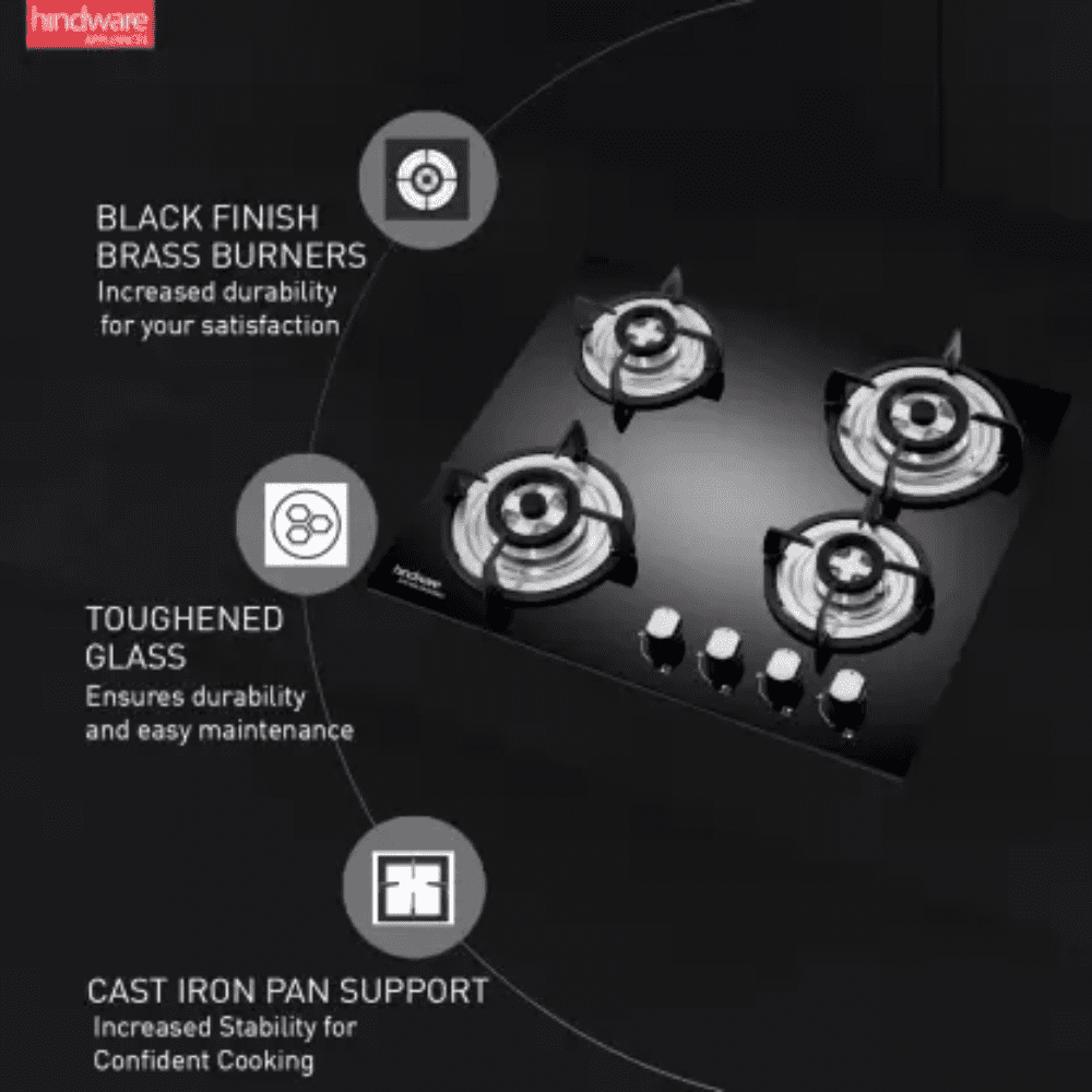 Hindware Hob, SARA+ 4B 60 CM, 4 Burner 60 cm Automatic Electric Glass Top Steel Burners 2 Medium + 1 small +1 High Flame Gas Stove (Black)