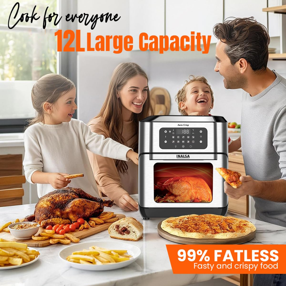 Inalsa Aero Crisp, 1500 Watts 12 Litres Electric Air Fryer, 10 Preset Menu (7-in-1, Black & Silver)