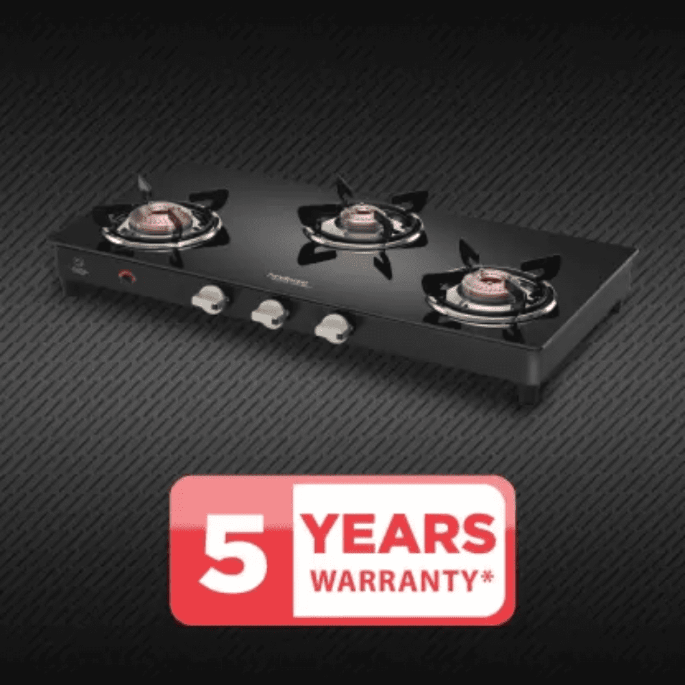 Hindware Cooktop, ARMO GL 3B AI BLK, 3 Burner 77 cm Auto Ignition Glass Top stainless steel Burners 3 Medium Gas Stove (Black)