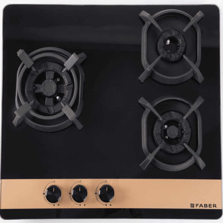 Faber Hob UTOPIA PRO 603, 3 Burner 60 cm Auto Electric Ignition Glass Top Full Brass Burners 1 Medium + 1 small +1 High with (Black)