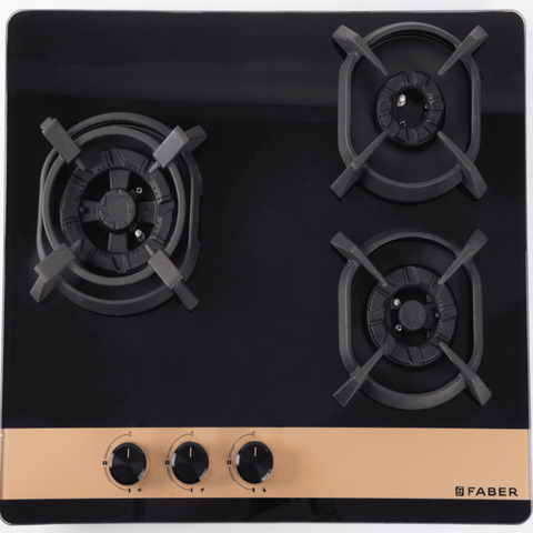 Faber Hob , UTOPIA PRO HT 603 BR CI, 3 Burner 60 cm Auto Electric Ignition Glass Top Full Brass Burners 1 Medium + 1 small +1 High with (Black)