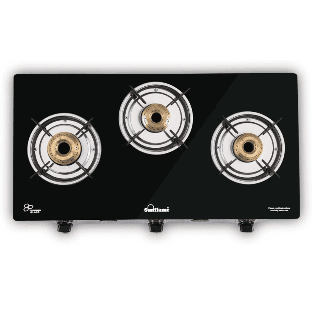 Sunflame Cooktop, CROWN GT 3B, 3 Burner Auto Manual Ignition Glass Top Brass Burner 1 Big + 1 Medium + 1 small Gas Stove (Black)