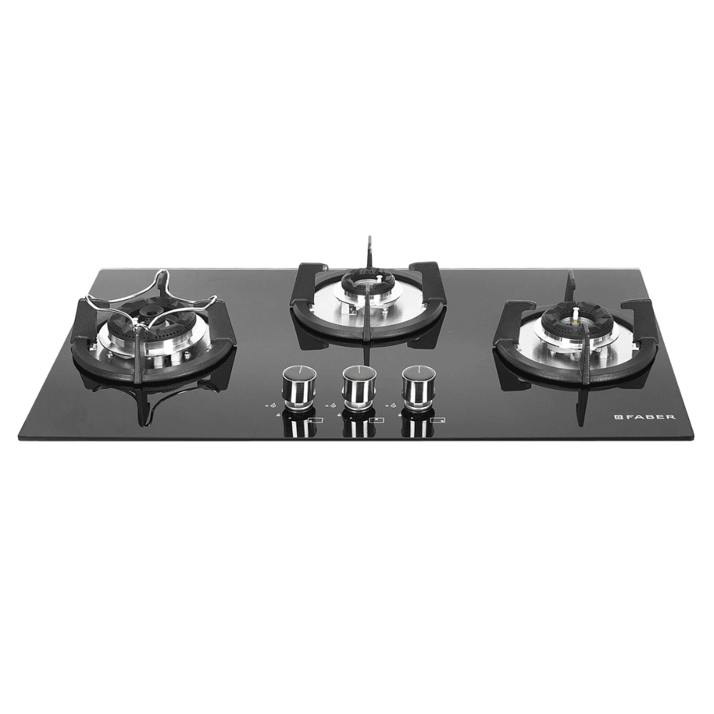 Faber Hob SUPERIA HT763 BR AI, 3 Burner 60 cm Auto Toughened Glass Top Full Brass Burners 1 Medium + 1 small +1 High with Dual Flame (Black)