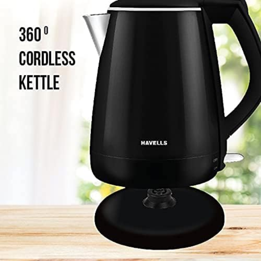 Havells GHBKTAYK150, 1500 Watts 1.5 Litres Electric Aquis Plus Kettle, Double Layered Cool Touch Outer Body (Black)
