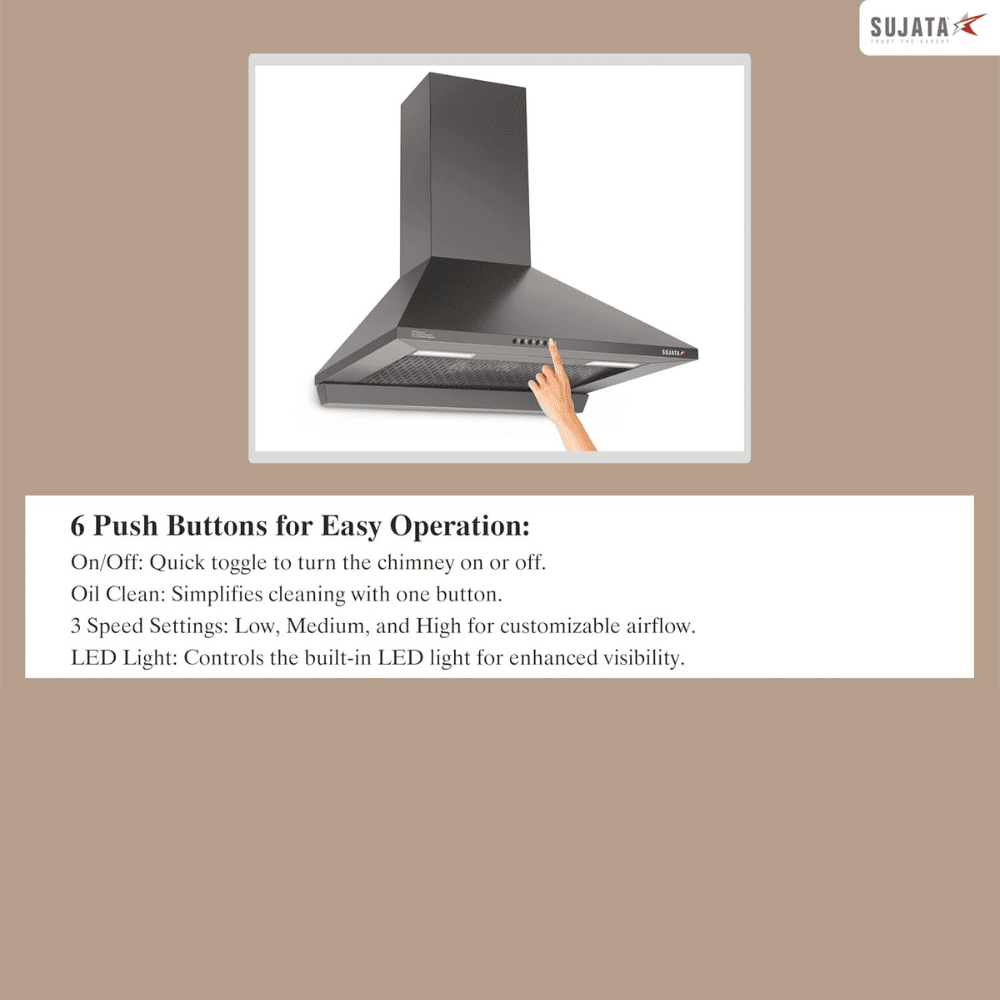 Sujata Onyx, 60 cm 1250m3/hr Autoclean Kitchen Chimney with Filterless Technology (Black)