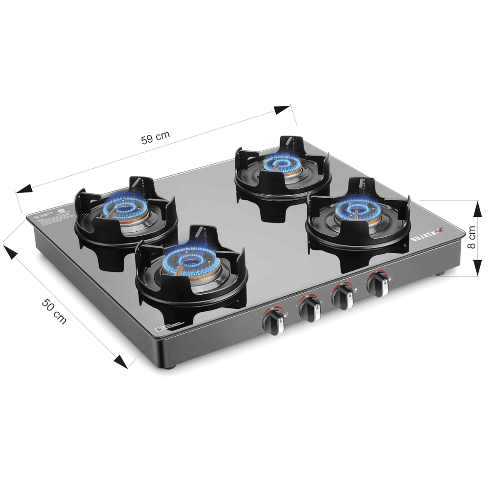 Sujata Cooktop Deluxe, 4 Burner Glass Top Brass Burner Gas Stove (Black)