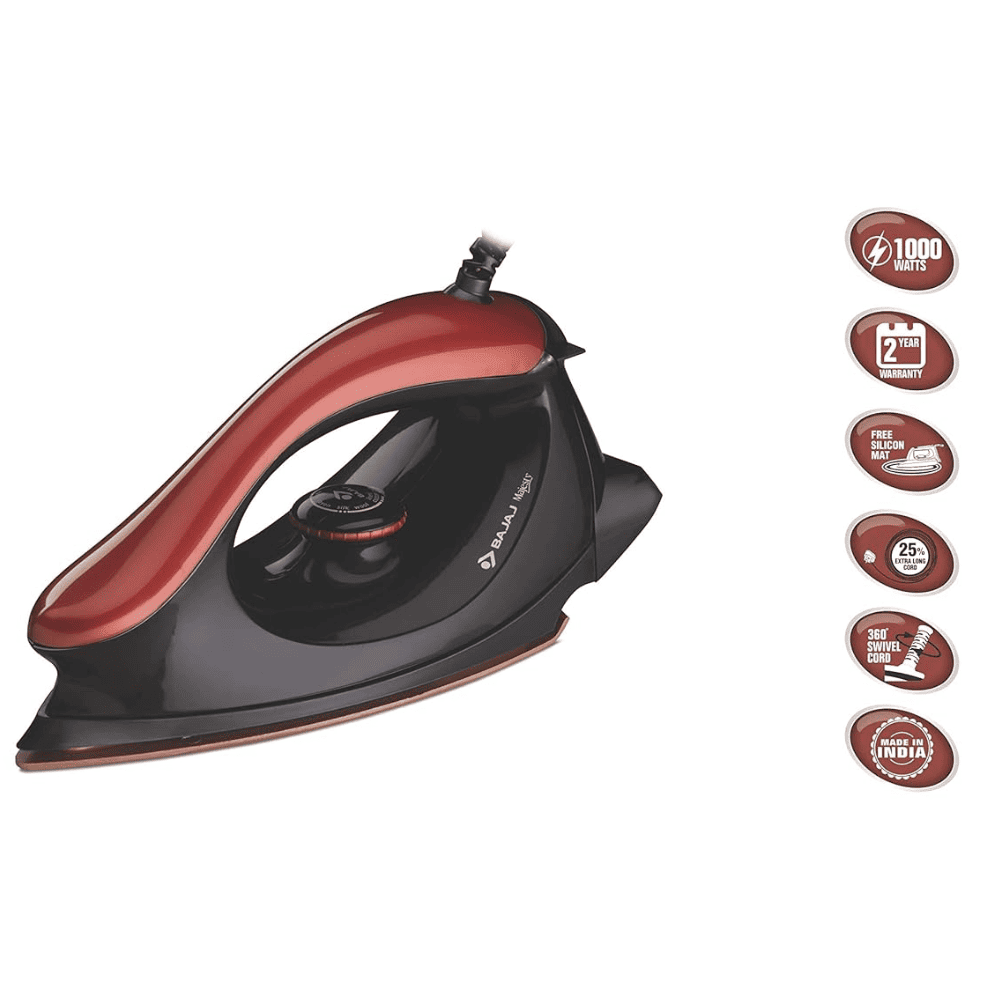 Bajaj Majesty One, 1000 Watts Heavy Weight Dry Iron, Red & Black