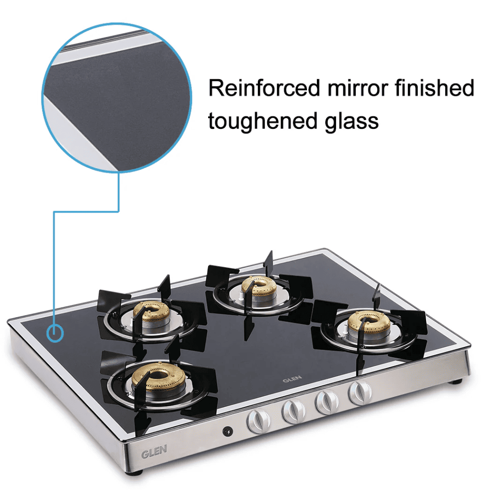 Glen Cooktop, 1048 GT AI FORGED BB MIRROR, 4 Burner Auto Ignition Glass Top Forged Brass Burner 1 Big + 1 Medium + 2 small Gas Stove (Black)