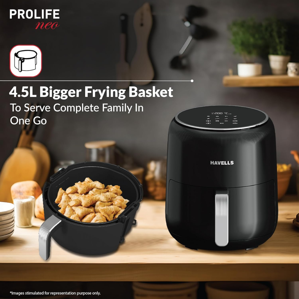 Havells Prolife Neo, 1500 Watts 4.5 Litres Digital Touch Air Fryer, 8 Pre Set Menu Auto Shutoff with Cool Touch Handle (Black)