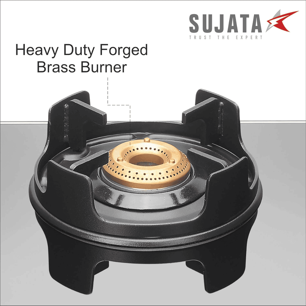 Sujata Cooktop Deluxe AI, 2 Burner Glass Top Auto Ignition Brass Gas Stove (Black)
