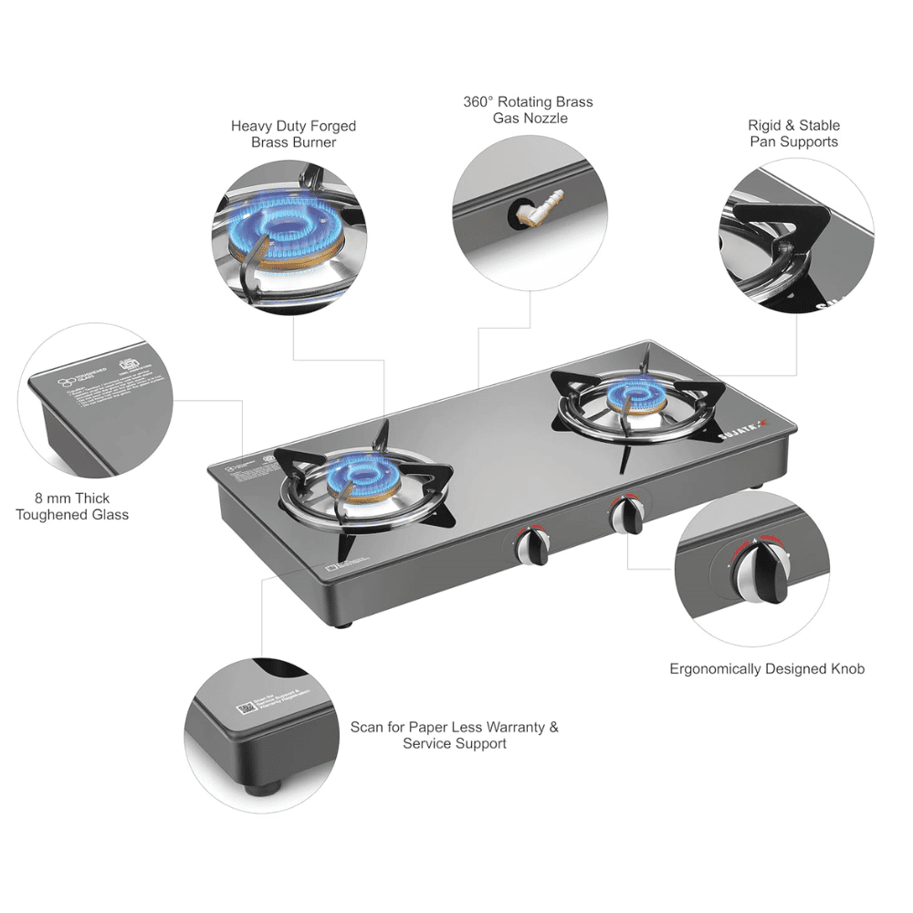 Sujata Cooktop Standard, 2 Burner Glass Top Brass Burner Gas Stove (Black)