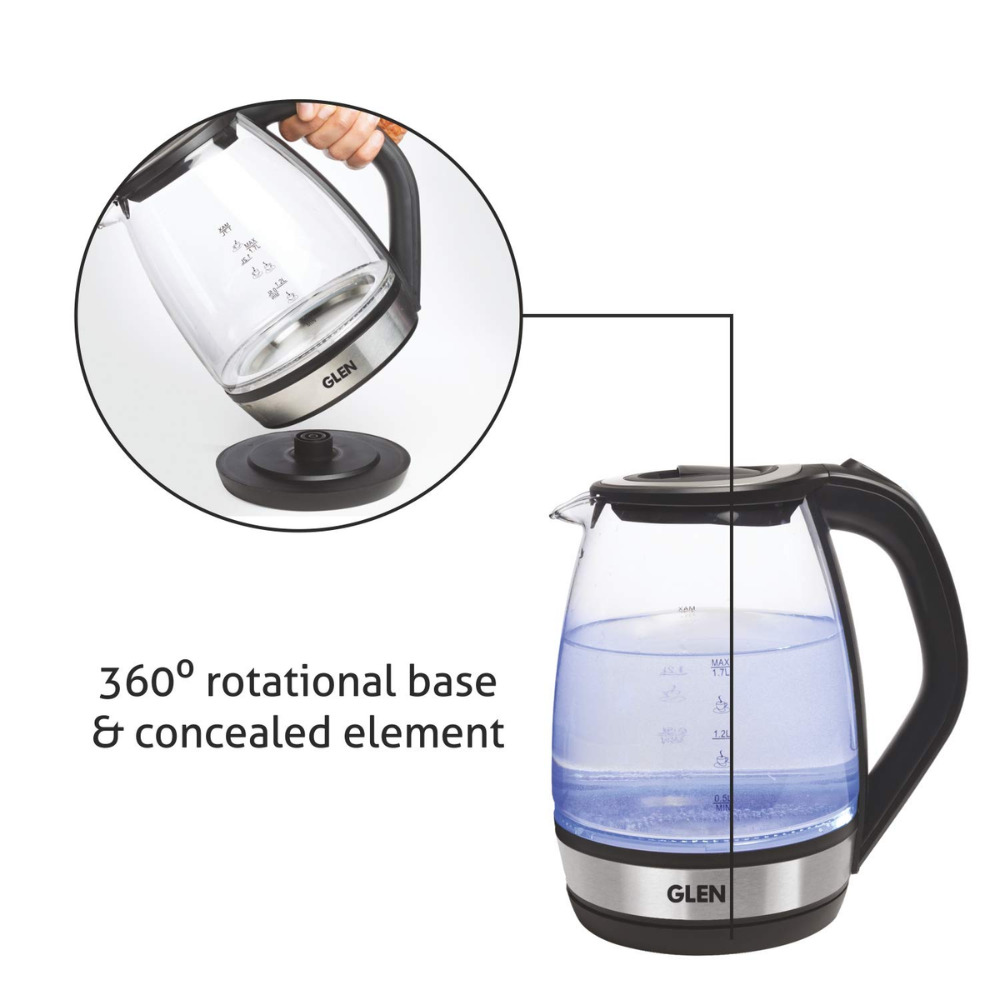 Glen Glass 9012N, 2000 Watts 1.7 Litres Electric Transparent Kettle (Transparent and Black)