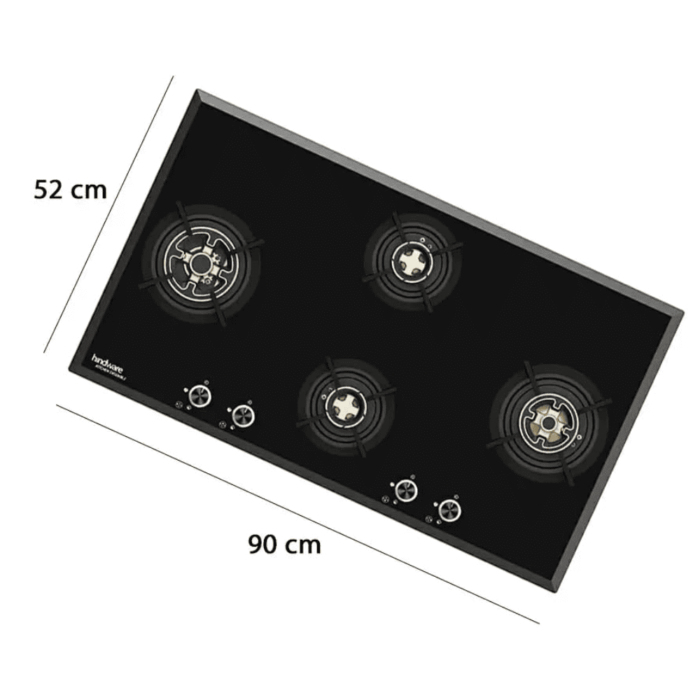 Hindware Hob, VALERIA 4B 90, 4 burner 90 cm Auto Ignition Glass Top Full Brass Burners 1 Medium + 2 Small + 1 High Gas Stove (Black)