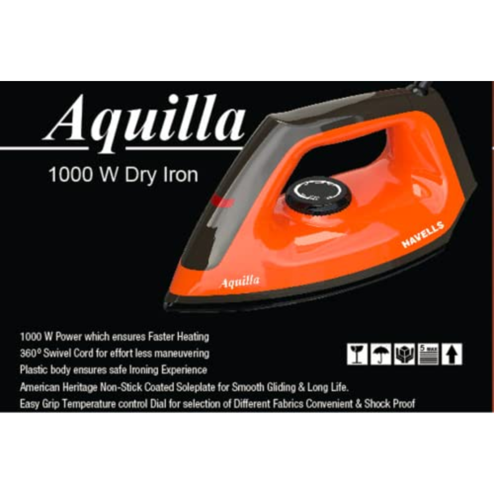 Havells Aquilla, 1000 Watts Dry Iron Press German Technology (Orange & Black)