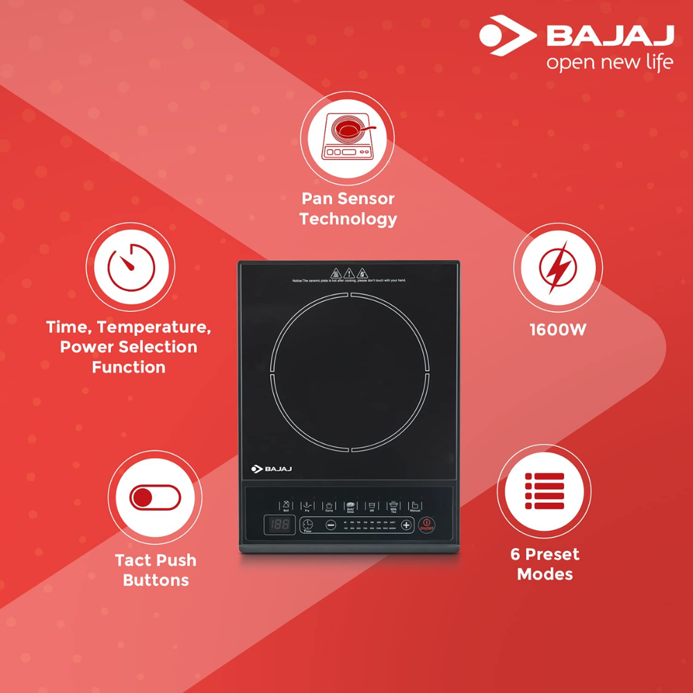 Bajaj Majesty ICX 160TS, 1600 Watts Induction Cooktop with Pan sensor, Black