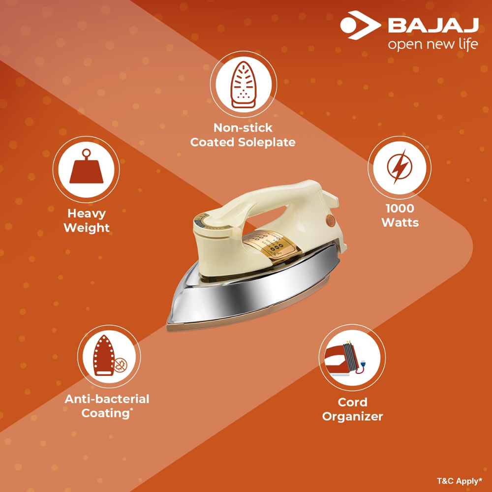 Bajaj DHX-9, 1000 Watts Heavy Weight Dry Iron, Ivory