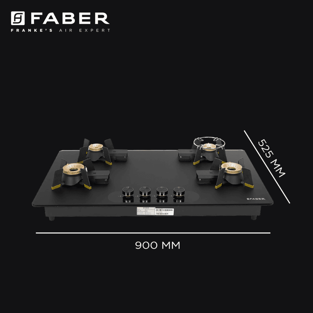 Faber Hob MAGICLIFT HT904 BR CI AI , 4 burner 90 cm Auto Electric Ignition Glass Top Liftable Brass Burners 1 Medium + 2 Small + 1 High (Black)