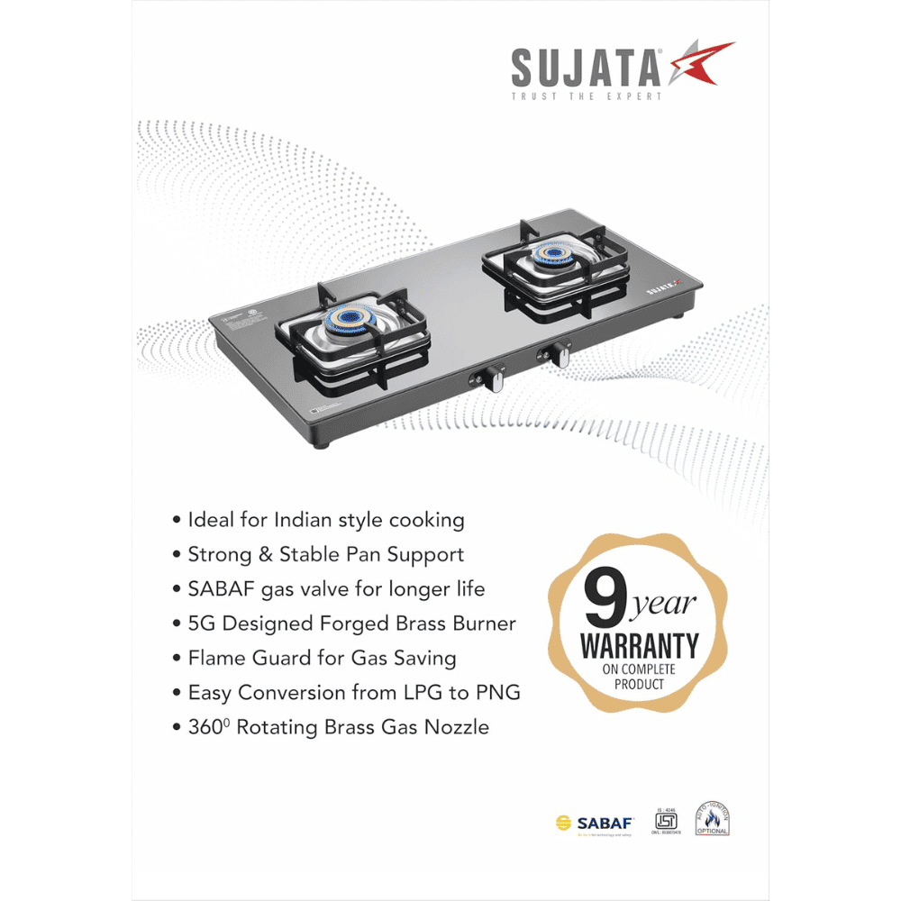 Sujata Cooktop Classic AI, 2 Burner Glass Top Auto Ignition Brass Burner Gas Stove (Black)