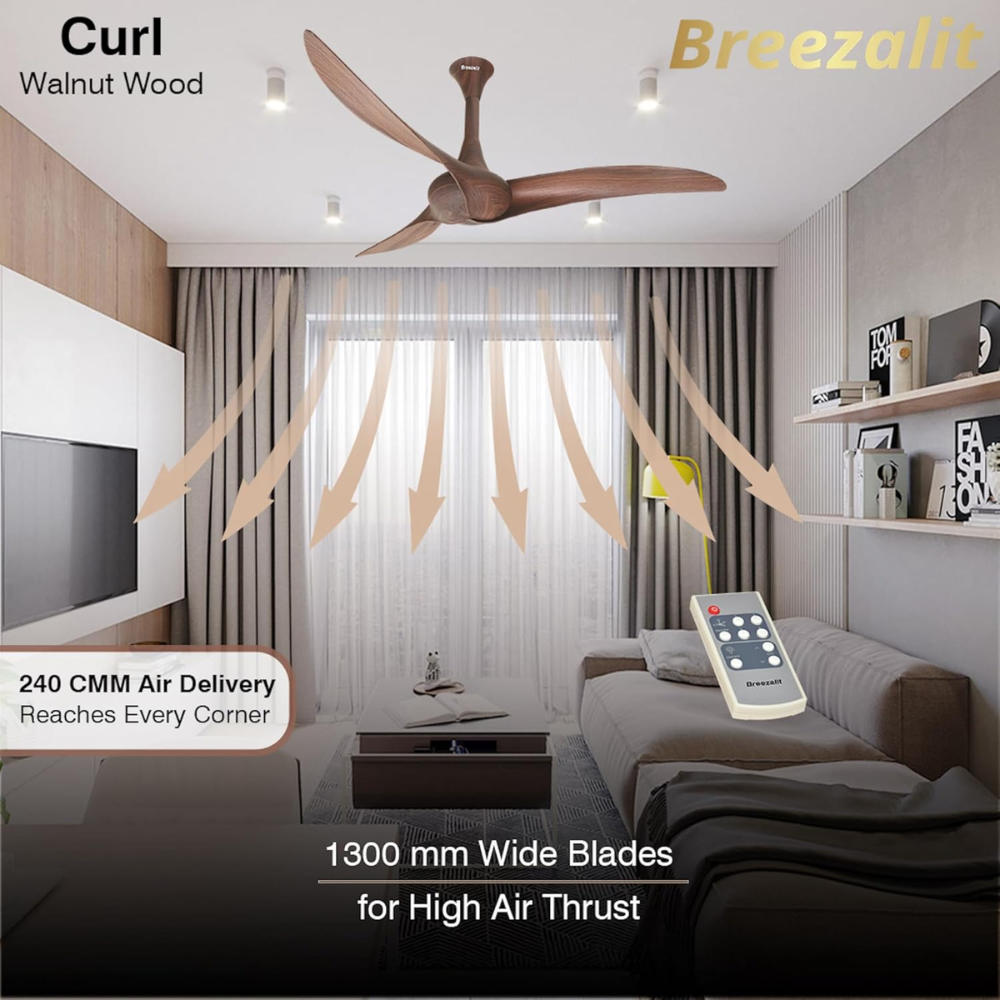 Breezalit 1200mm 3 Blade Modern Designer Ceiling Fan (Curl wood)