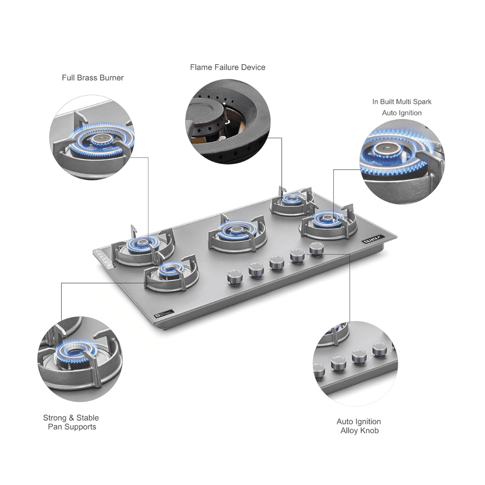 Sujata Hob, 5 Burner 90 cm Auto Ignition Glass Top Brass Burner 1 Larg + 1 Medium + 2 small (Palladium FB 5B86, Black)