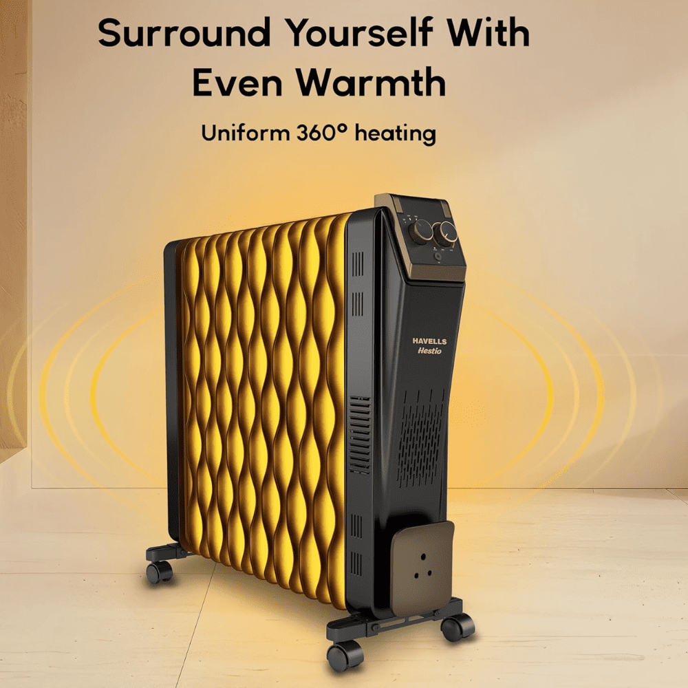 Havells 15 Wave Fins, 2900Watts Oil Filled Radiators with Fan Room Heater (Hestio OFR15, Black)