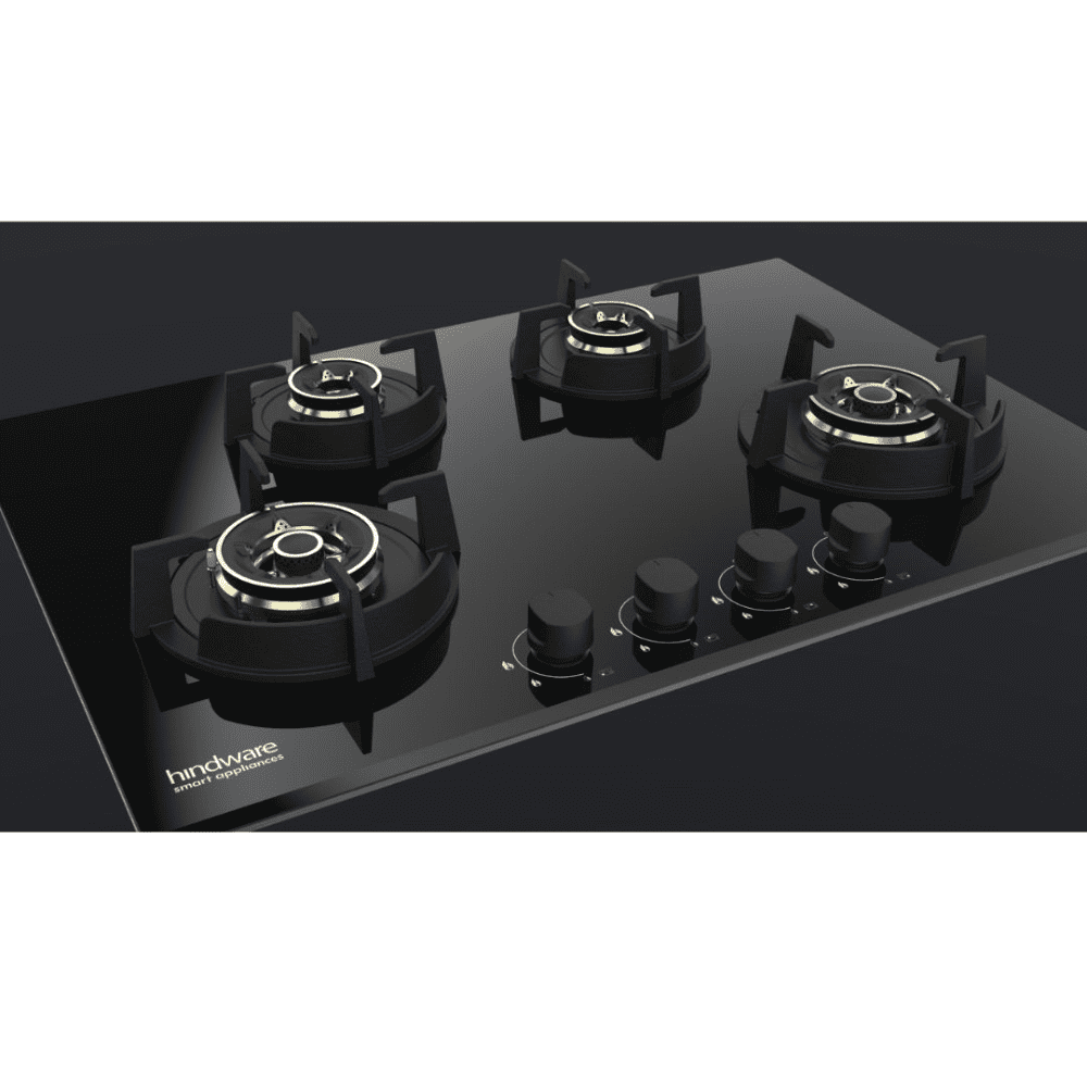 Hindware Hob, HAZEL 4B 75CM, 4 Burner 75 cm Auto Ignition Glass Top Brass Burner 2 Medium + 2 small Gas Stove (Black)