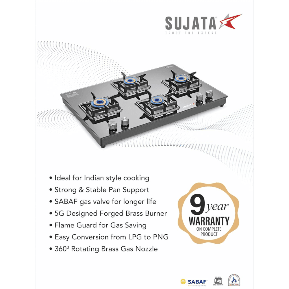 Sujata Cooktop Cross AI, 4 Burner Ultra-Thick Toughened Glass Top Auto Ignition Brass Burner Gas Stove (Black)