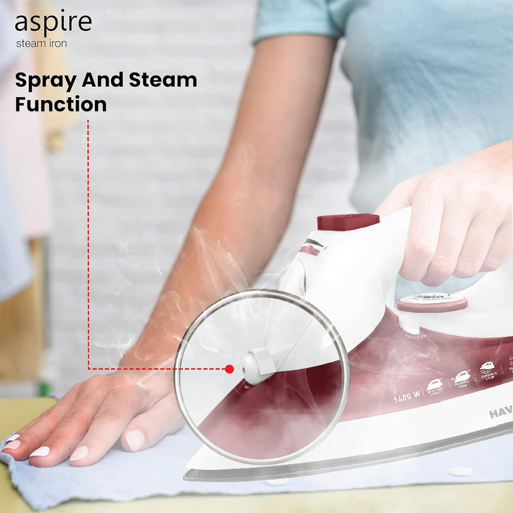 Havells ABS Aspire, 1400 Watts Steam Iron Press with Steam Burst Anti Drip Function (Red)