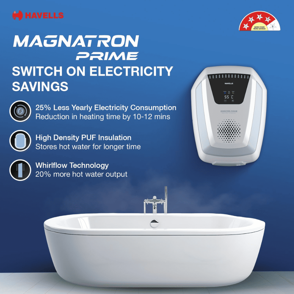 Havells 25 Ltrs Vertical Storage 4 Star Water Heater Geyser (MAGNATRON PRIME,White)
