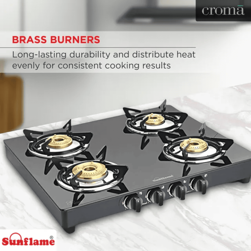 Sunflame Cooktop, PRIME 4B BK, 4 Burner Auto Manual Ignition Glass Top Brass Burner 1 Big + 2 Medium + 1 small Gas Stove (Black)