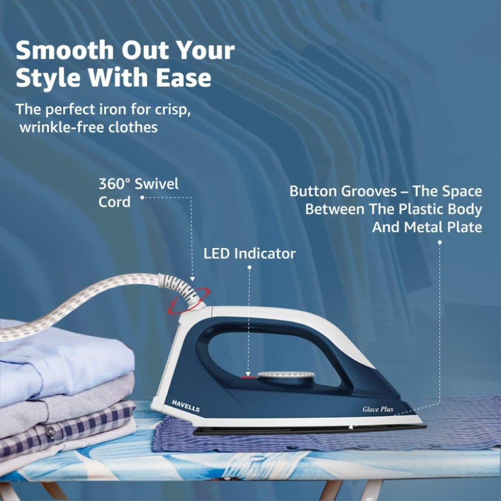 Havells Glace Plus, 1000 Watts Non Sick Coated Sole Plate Dry Iron Press (Blue)