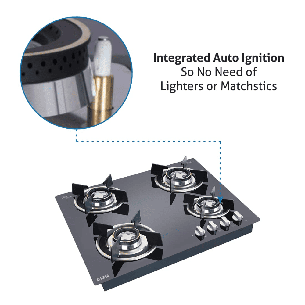 Glen Hob  1064 RO HT DB, 4 Burner 60 cm Automatic Ignition Glass Top Brass Burners 2 Small + 2 big Gas Stove with Double Ring Forged (Black)