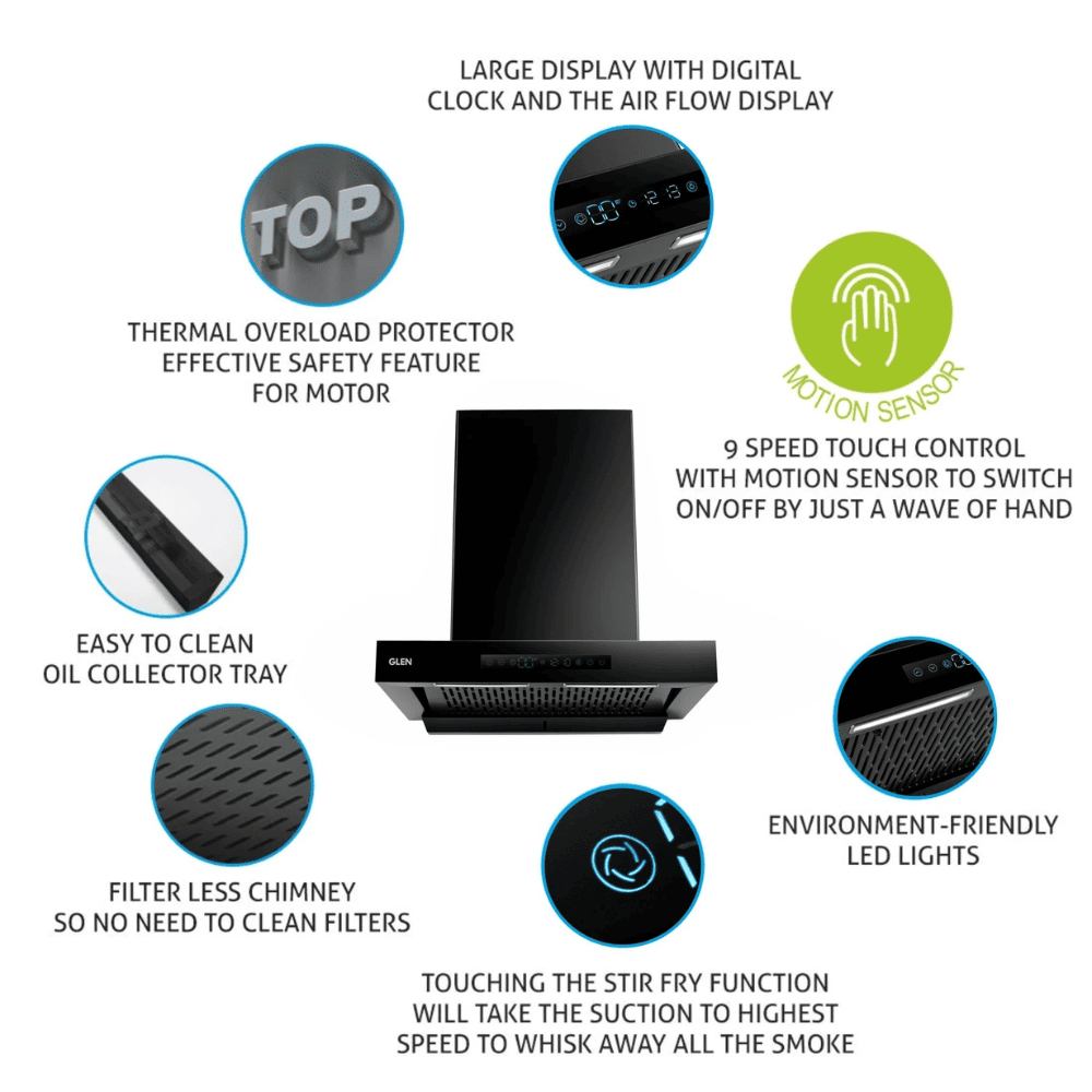 Glen 6053 BL BLDC AC, 90 cm 1400 m3/hr Auto Clean Wall Mounted Chimney, Filterless Inverter (Black)