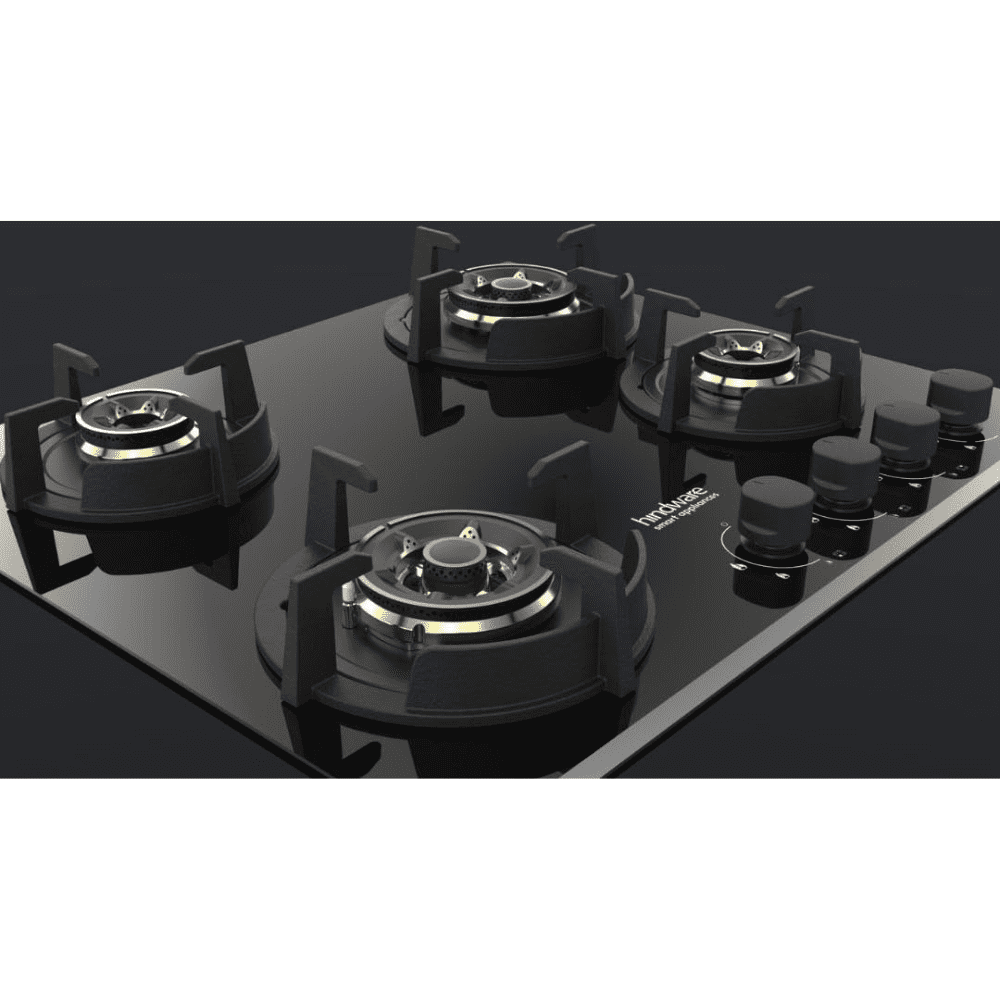 Hindware Hob, HAZEL 4B 60CM, 4 Burner 60 cm Auto Ignition Glass Top Brass Burner 2 Medium + 2 small Gas Stove (Black)