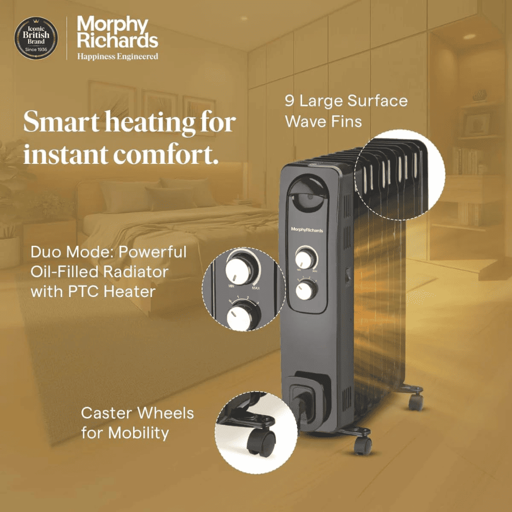 Morphy Richards 9 Wave Fins 2400 Watts Oil Filled Radiator Room Heater with PTC Fan (9F OFR Silent Heating Black)
