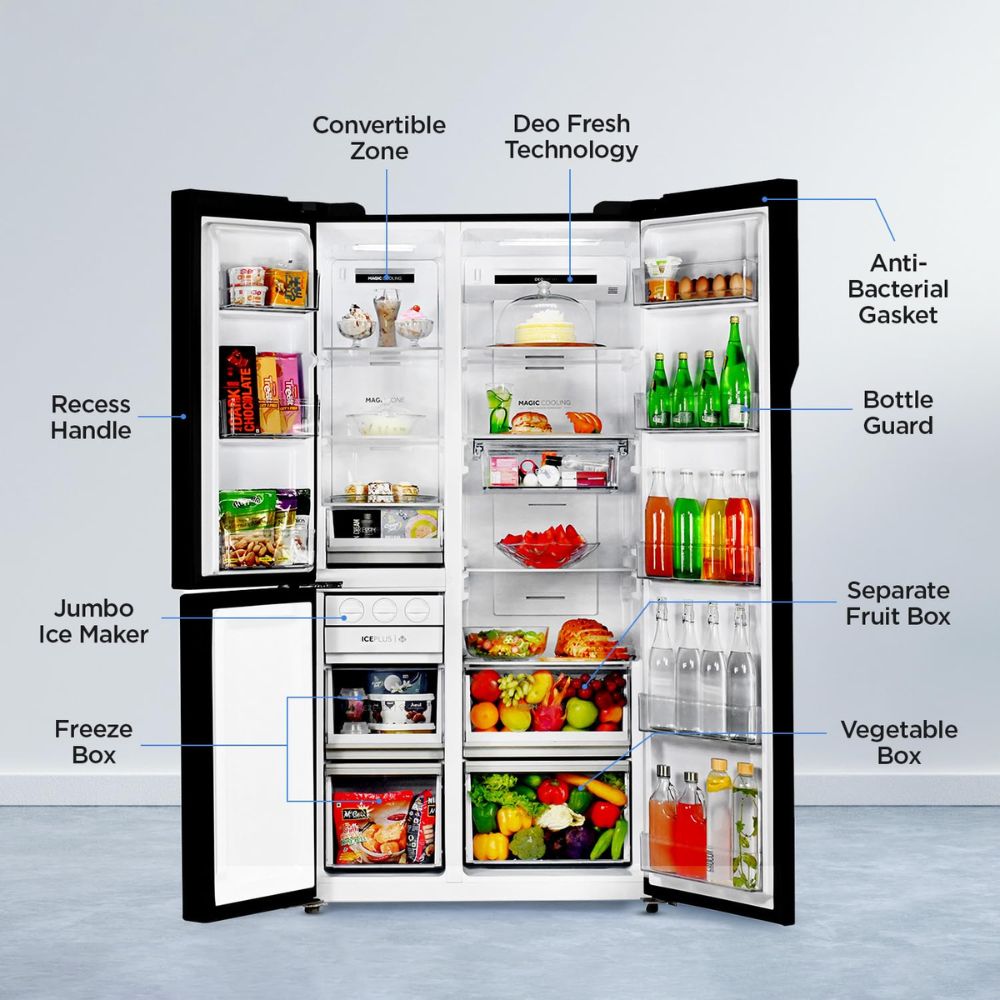 Haier 598 Ltrs, 3 Star Frost Free Expert Inverter Smart Sense AI enabled 3 Door Side by Side Refrigerator (HRT 683KGU1, Black Glass, Magic Convertible Zone, Deo Fresh Technology)