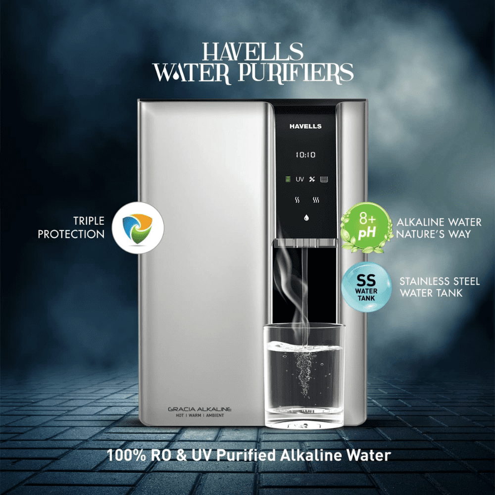 Havells Gracia, 7.5 Ltrs Alkaline RO + UV Purified Alkaline, Hot and Ambient Water Purifier, Silver & Black
