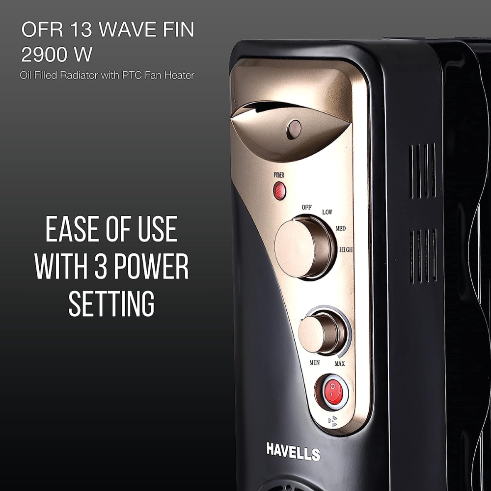 Havells 13 Wave Fins, 2900 Watts Oil Filled Radiators Room Heater with PTC Fan (OFR 13F, Black)