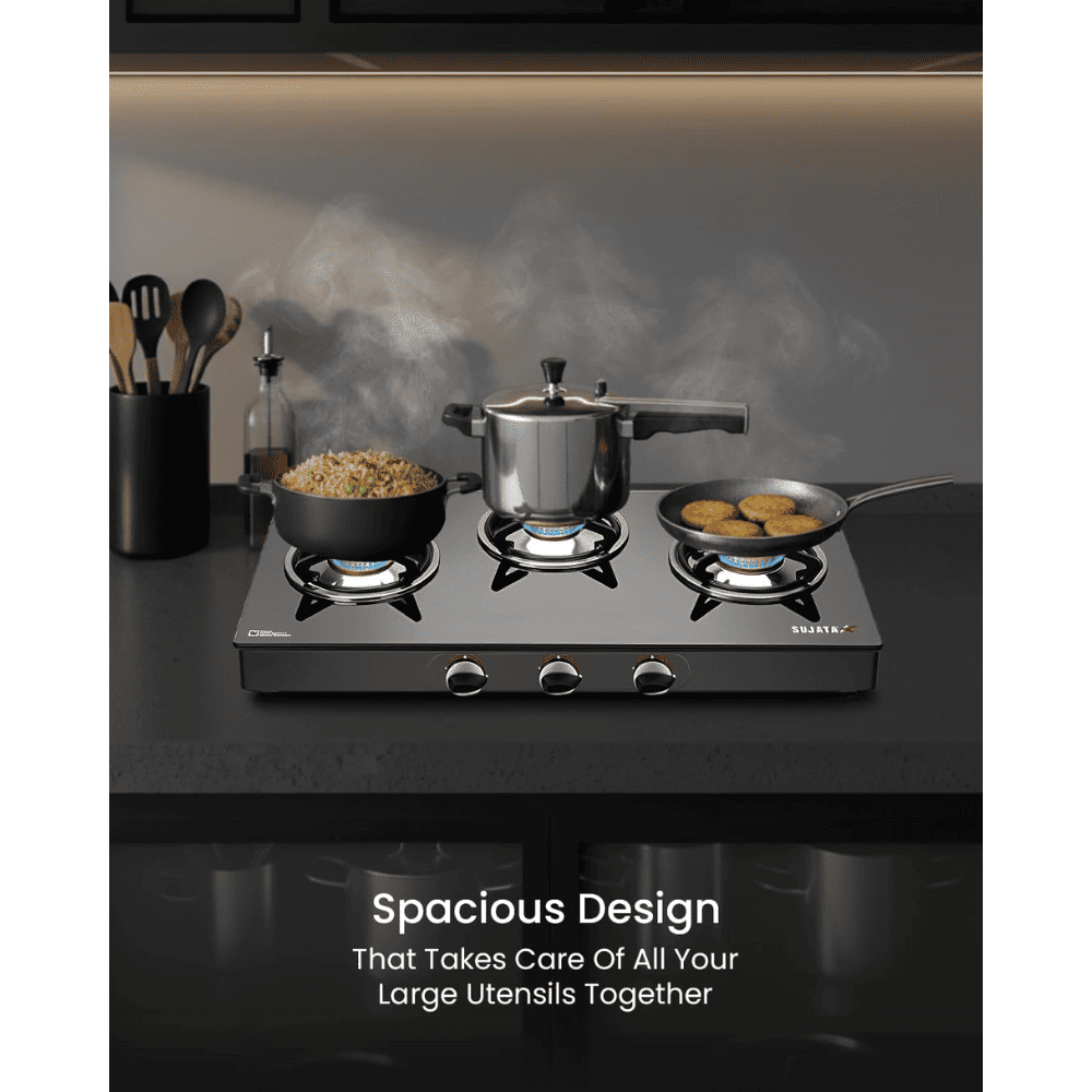 Sujata Cooktop Standard, 3 Burner Glass Top Brass Burner Gas Stove (Black)