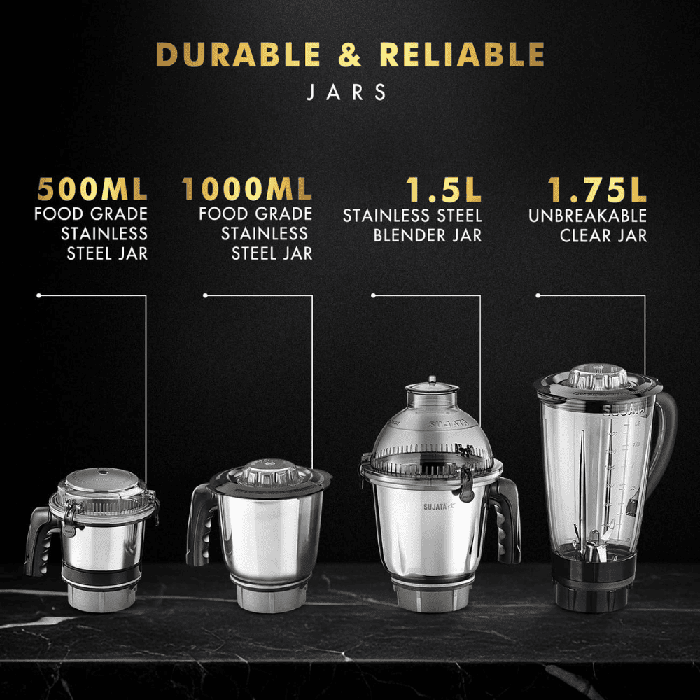Sujata 1000 Watts Mixer Grinder with 3 Jars 1 Blender (MG03, Black)