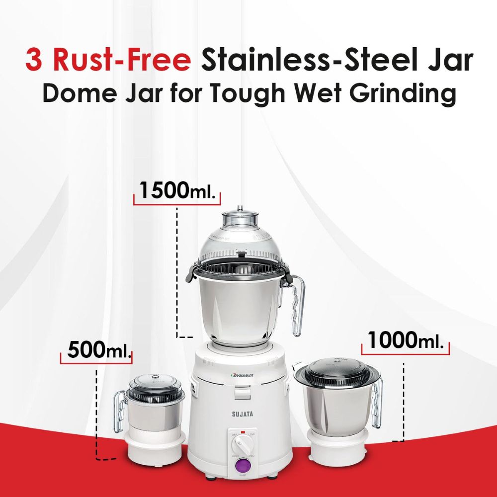 Sujata 900 Watts Stainless Steel, Mixer Grinder, 3 Versatile Jars (MG DYNAMIX, White)