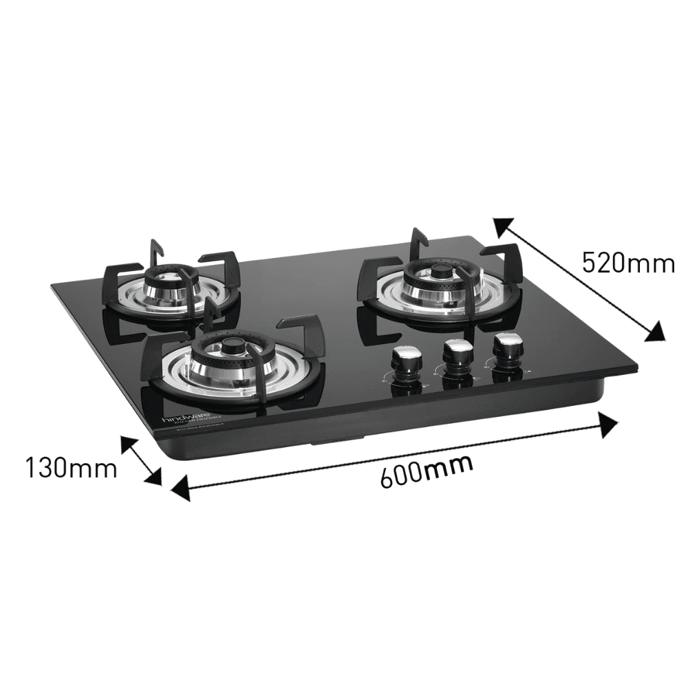 Hindware Hob, NORA PLUS 3B 60CM, 3 Burner 60 cm Auto Ignition Glass Top Stainless Steel Burners 2 Medium + 1 Small Gas Stove (Black)