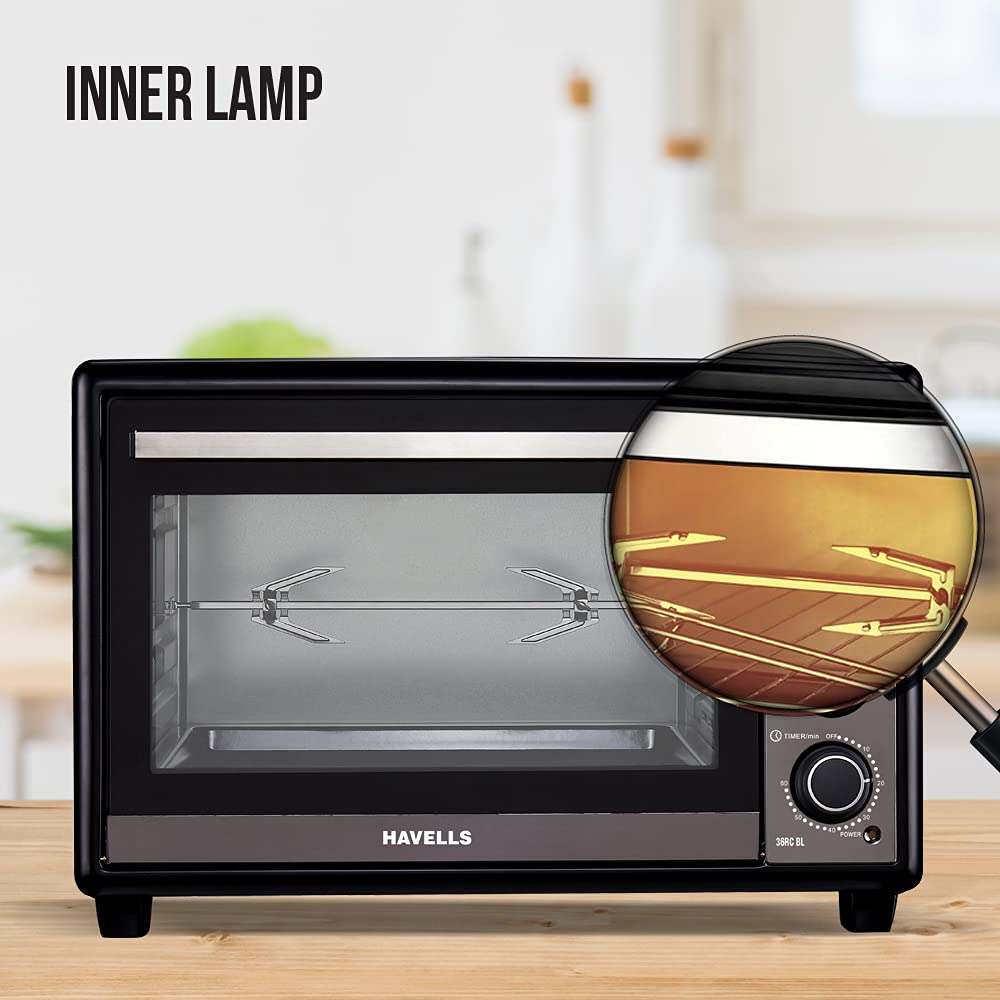 Havells 36RC, 1500 Watts 36 LitresToughened Double Glass Door Oven, 4 Knob with Dual Thermostat (Black)