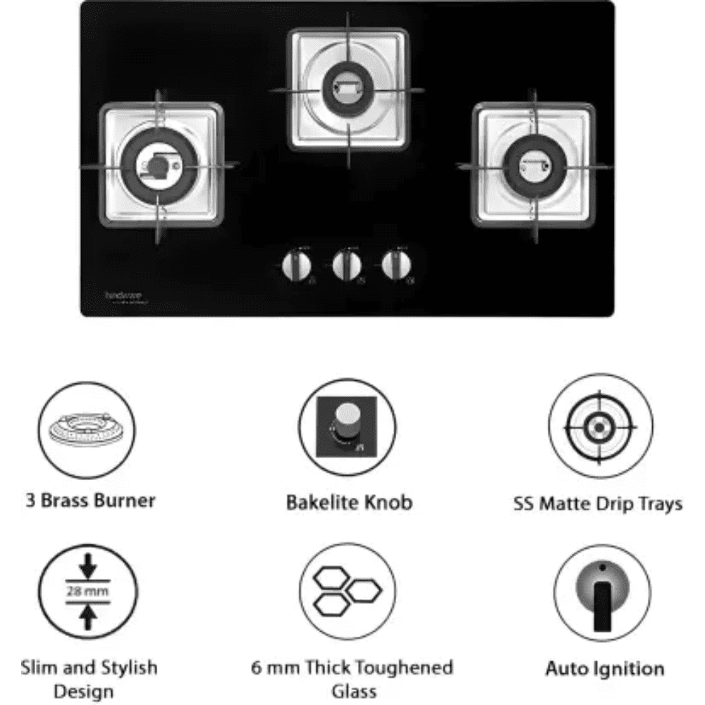 Hindware Hob, ROSIA 3B 76 CM, 3 Burner 76 cm Auto Ignition Glass Top Full Brass Burners 2 Medium + 1 small Gas Stove (Black)