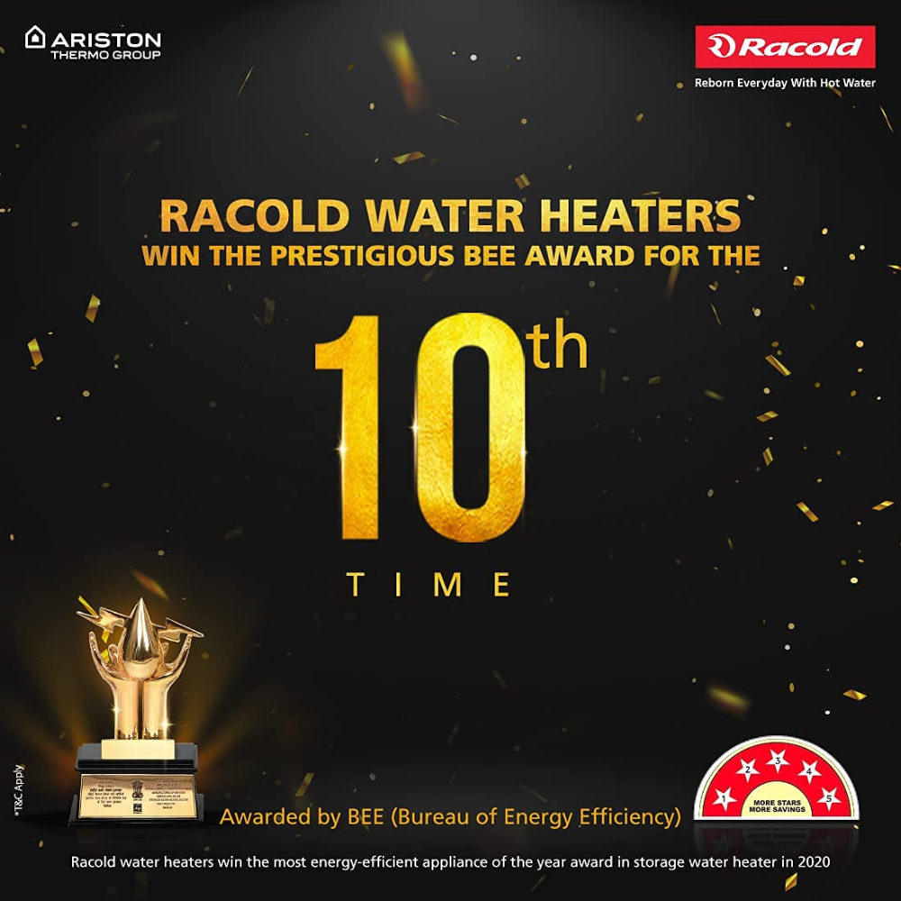 Racold 25 Ltrs Vertical Storage, 5 Star Water Heater Geyser (Andris Uno 25L,White & Black)