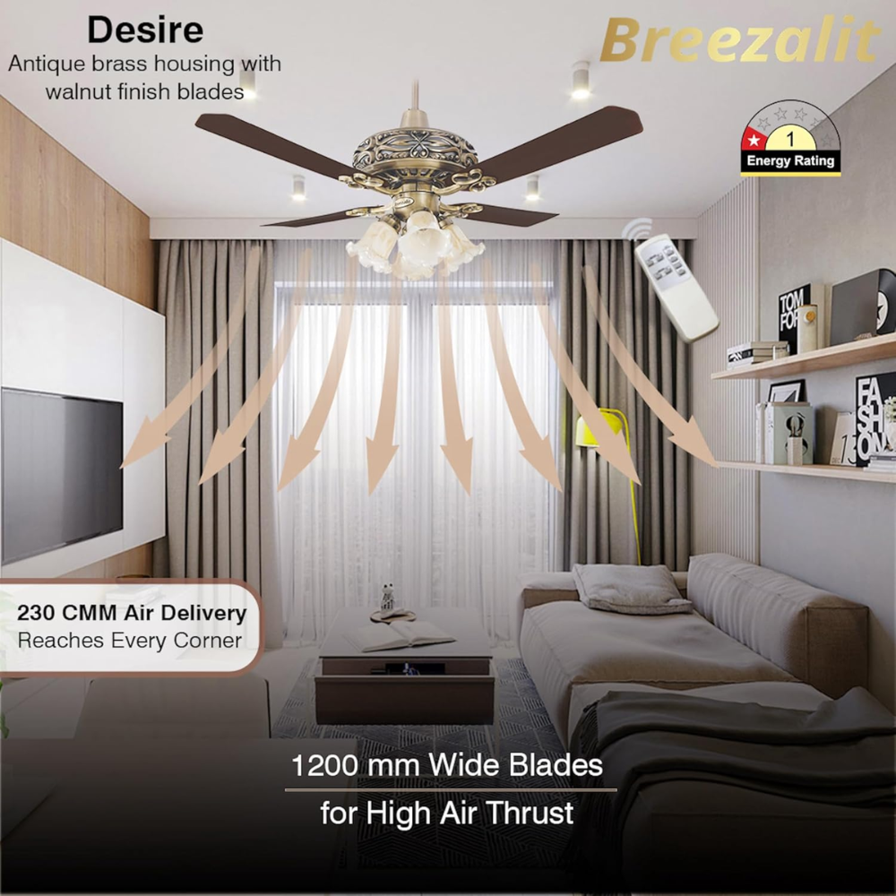Breezalit 1200mm 4 Blade Decorative Modern Ceiling Fan (Desire Brass)