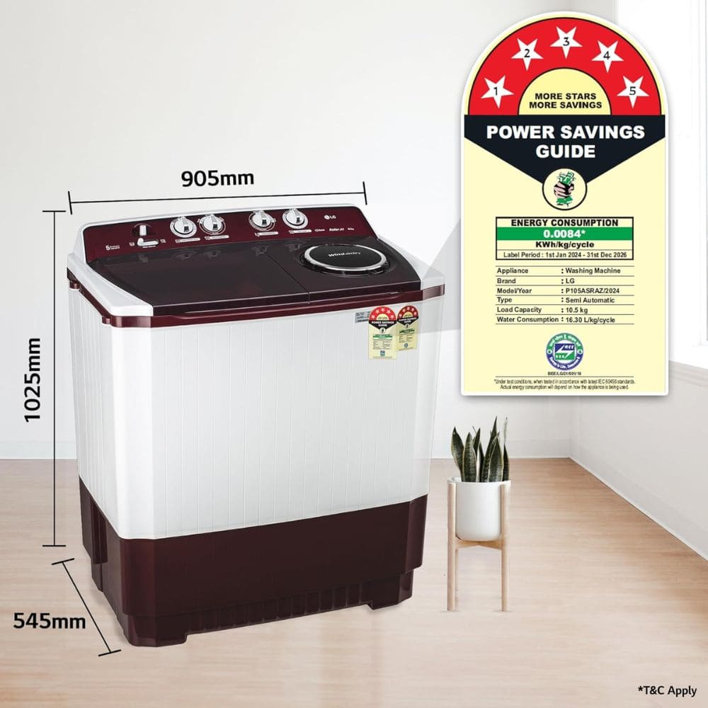 LG 10.5 Kg 5 Star Semi-Automatic Top Load Washing machine (P105ASRAZ, Maroon)