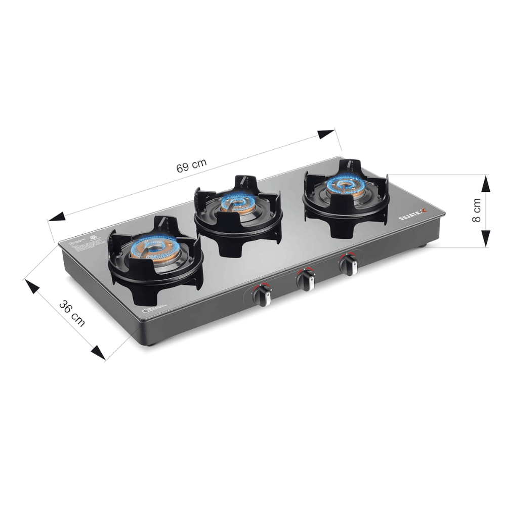 Sujata Cooktop Deluxe, 3 Burner Glass Top Brass Burner Gas Stove (Black)