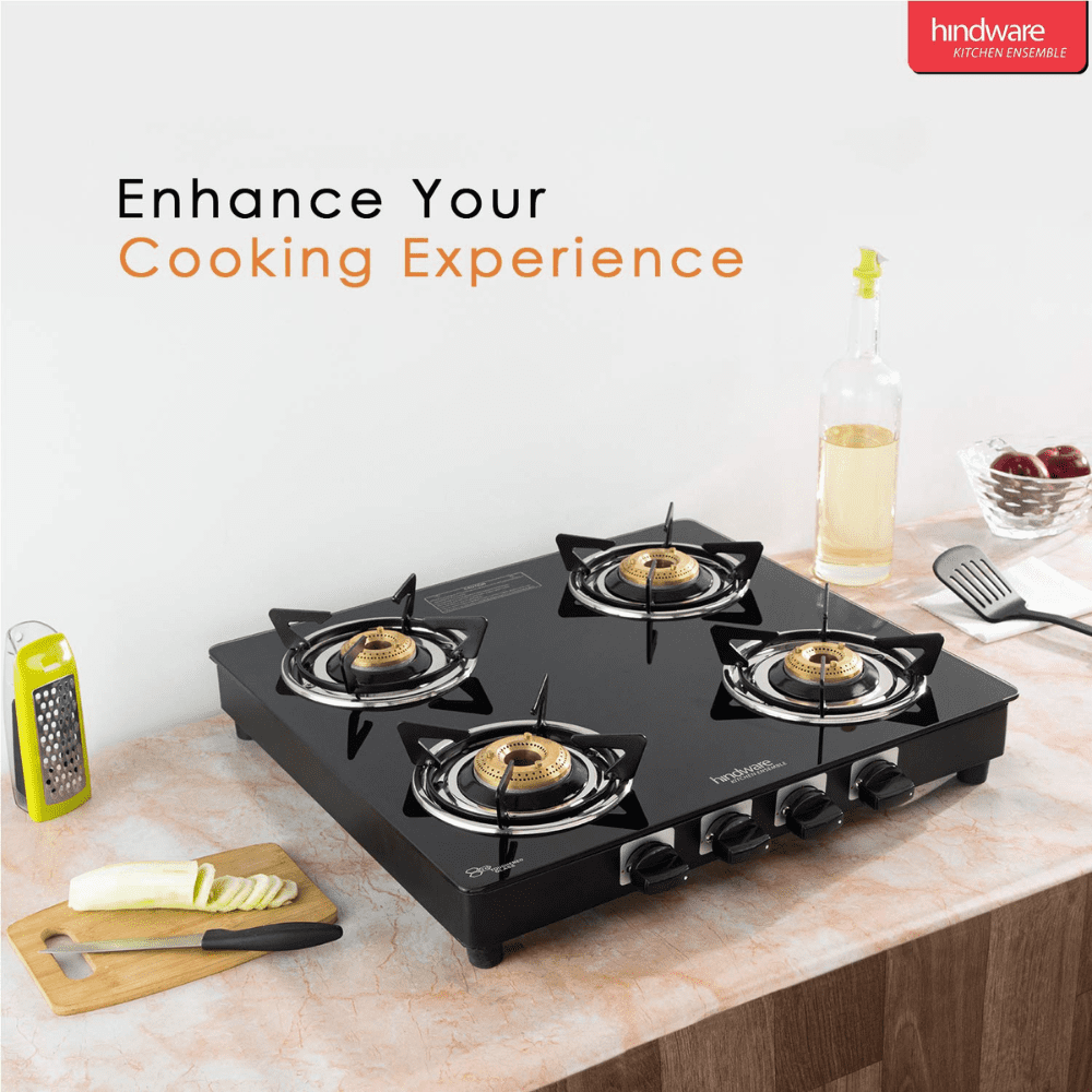 Hindware Cooktop, BRIO+ 4 B, 4 Burner 65 cm Manual Glass Top Stainless Steel Burners 3 Medium + 1 small Gas Stove (Grey)