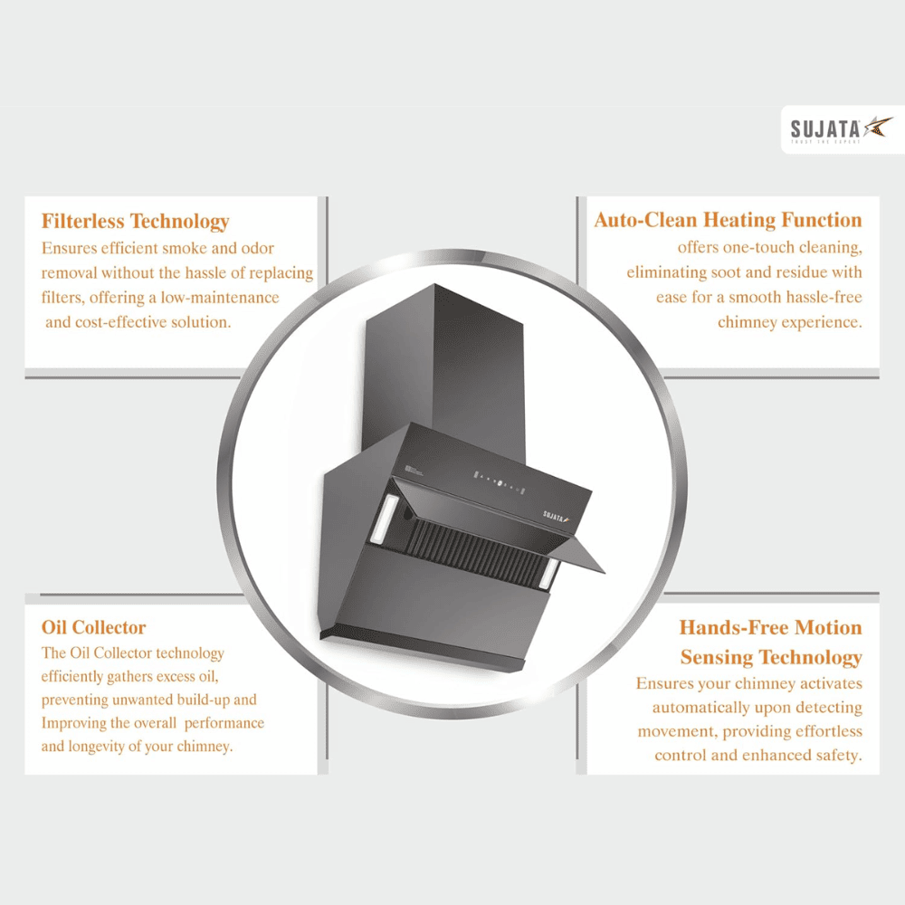 Sujata Diamond, 75 cm 1600 m3/hr Autoclean Kitchen Chimney with Filterless technology (Black)